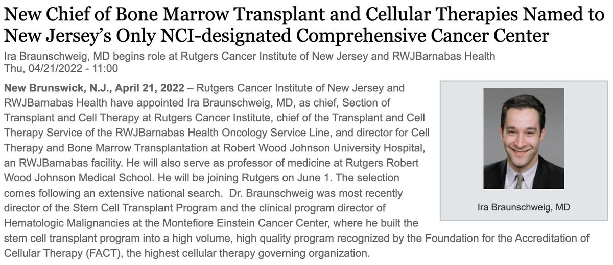 🙌 A big welcome to Ira Braunschweig, MD, as the new Chief of the Section of Transplant and Cell Therapy at @RutgersCancer & Chief of the Transplant and Cell Therapy Service at @RWJBarnabas Oncology Service Line: cinj.org/new-chief-bone…. #CellTherapy #BMT #LetsBeatCancerTogether