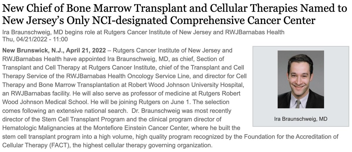 Andrew M. Evens, DO, MBA, MSc (@draevens) on Twitter photo 🙌 A big welcome to Ira Braunschweig, MD, as the new Chief of the Section of Transplant and Cell Therapy at <a href="/RutgersCancer/">Rutgers Cancer Institute</a> & Chief of the Transplant and Cell Therapy Service at <a href="/RWJBarnabas/">RWJBarnabas</a> Oncology Service Line: cinj.org/new-chief-bone….
#CellTherapy #BMT #LetsBeatCancerTogether 🙌 A big welcome to Ira Braunschweig, MD, as the new Chief of the Section of Transplant and Cell Therapy at <a href="/RutgersCancer/">Rutgers Cancer Institute</a> & Chief of the Transplant and Cell Therapy Service at <a href="/RWJBarnabas/">RWJBarnabas</a> Oncology Service Line: cinj.org/new-chief-bone….
#CellTherapy #BMT #LetsBeatCancerTogether
