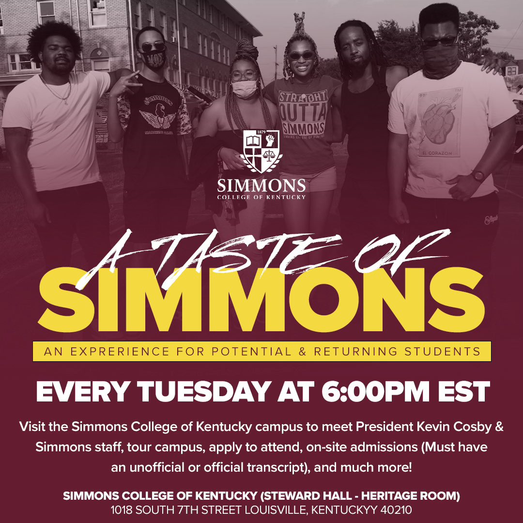 SCKY_1879's tweet photo. Do U know someone who still needs to make their college decision? Are U the one that needs to go back to school and complete that degree? Have U always wanted to feel the #HBCU experience? This is for U! Meet us every Tues. @ 6pm for “A Taste of Simmons!” @KWCosby
#SCKY #HBCU https://t.co/yIDrQPTxiQ