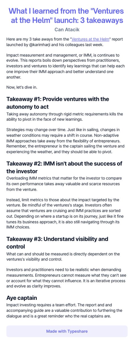 My three key takeaways from the Ventures at the Helm report launched this week. It aims to help ventures and investors constructively engage with each other for better #IMM practices.  Great work <a href="/karimharji/">Karim Harji</a> @LauraBudzyna <a href="/HmHachigian/">Heather Hachigian</a> and IMMjourney team.