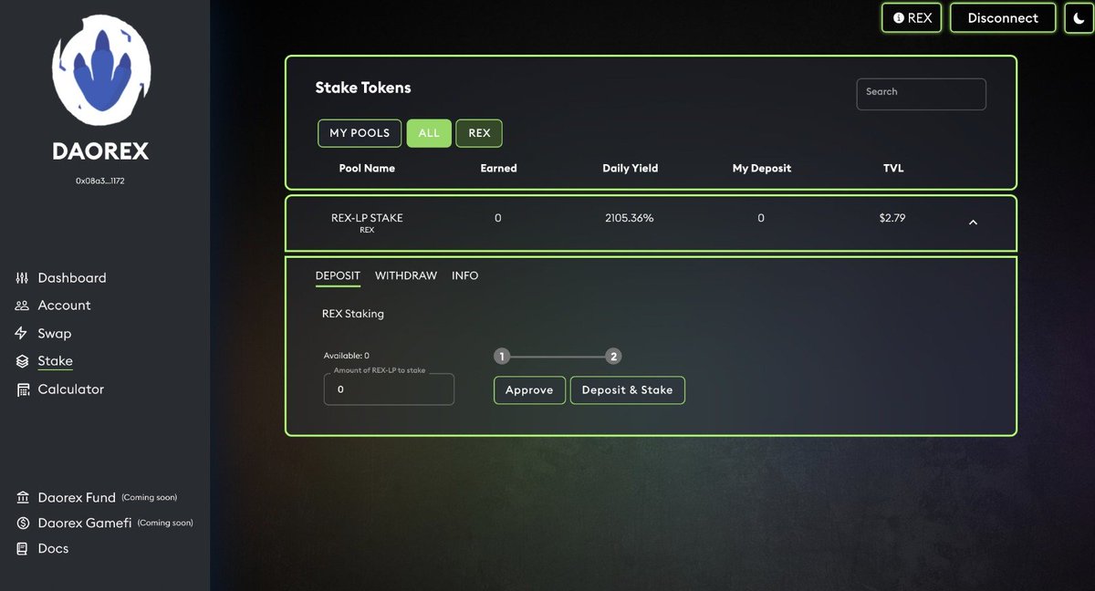 $REX fam, on top of our 420K % FIXED APY, that is simply Buy-Hold-Earn.🔥

You can now stake REX-AVAX LP, with current DAILY Yield at 2000% 🚀

Note - the LP staking yield will change

$REX #AVAX #Avalanche #GameFi #DeFi $SPHERE $Titano $SAFUU #TITANOfork  #spherefinance