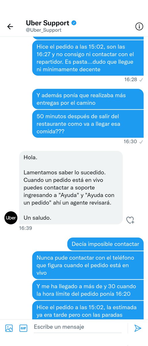 rufo08's tweet photo. @Uber @Uber_Support no solo me llega más tarde de la hora límite del pedido sino que no me atienden ni en support ni tienen teléfono de atención ni funciona la línea para contactar con el repartidor. Por cierto, tampoco existe opción de reclamar después de recibirlo. https://t.co/vjVyEOJM46