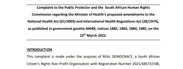 SVNaidoo's tweet photo. Real Democracy has laid a complaint with the #PublicProtector and #SAHRC regarding the proposed health regulations.
#HealthAct
#MedicalTyranny
#VaccineMandates
@HealthZA https://t.co/72odEgONAI