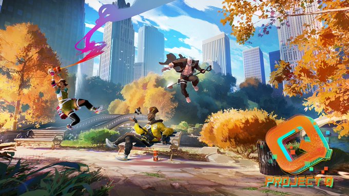 Project Q concept art shows a park in the middle of a city surrounded
by yellow, orange, and brown leafed trees. From the left, one character
flies through the air hanging from a small, cylindrical device while
colored smoke pours from it. Another sits on a bench nonchalantly, while a
third leaps high above. 