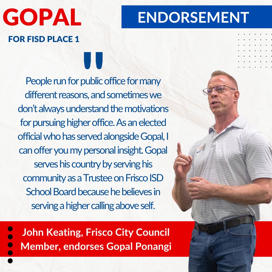 VoteForGopal's tweet photo. @KeatingFrisco, Frisco City Council Member, endorses Gopal Ponangi for FISD Place 1. #gogopal #gopalforfisd #ReelectGopal #VoteGopal https://t.co/GKtxpsUH7s