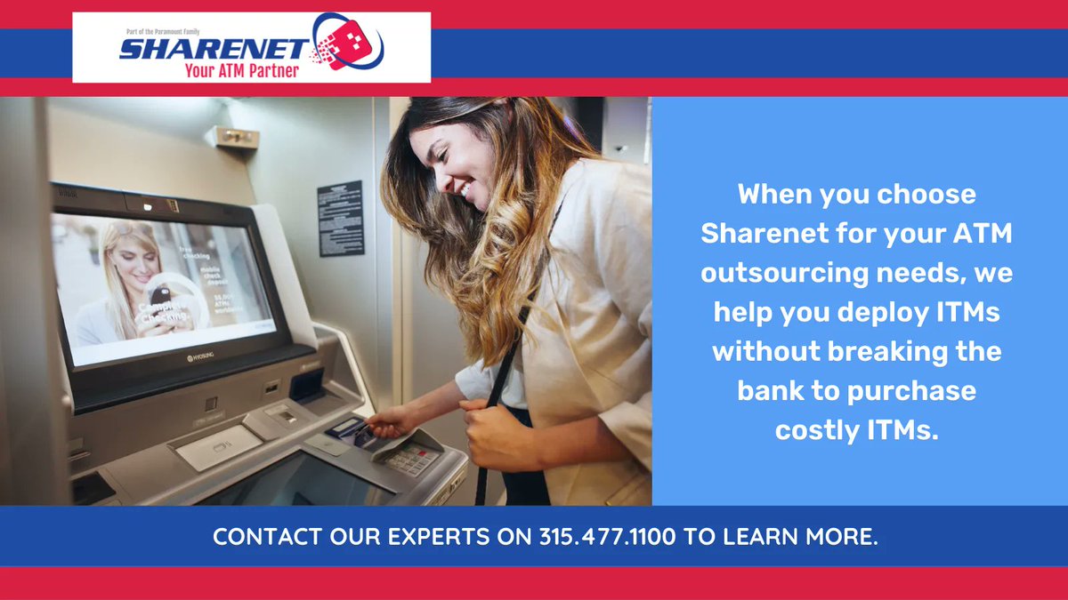 Today’s tech-savvy consumer want convenience, and ITMs offer the convenience they crave. However, they’re expensive. When you choose Sharenet for your ATM outsourcing needs, we can help you deploy ITMs without breaking the bank to purchase costly ITMs. #atms #itms #atmoutsourcing