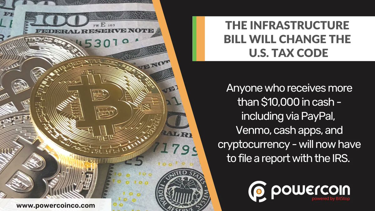FACT: The Infrastructure Bill will change the U.S. tax code. Anyone who receives more than $10,000 in cash - including via PayPal, Venmo, cash apps, and #cryptocurrency - will now have to file a report with the IRS. Learn more at buff.ly/3BOI1UD #sellcrypto #buycrypto