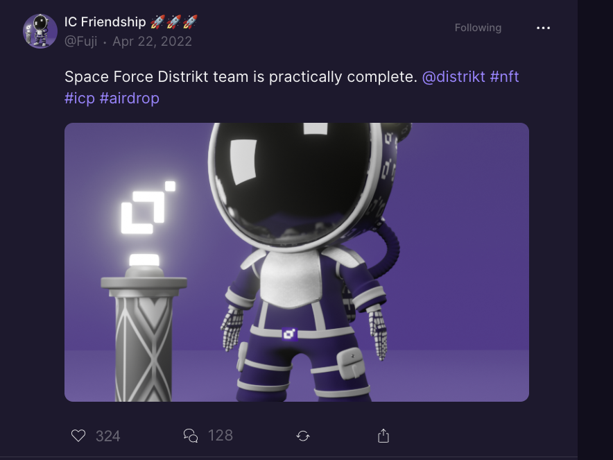 thisisseigo1's tweet photo. #ICFriendship #NFT #ICP #DISTRIKT #Dfinity
This may be airdropped to #Distrikt users??
am not so sure about it, anyway i cannot find IC Friendship on Twitter
does anyone know about details?? https://t.co/pE1r214YdT