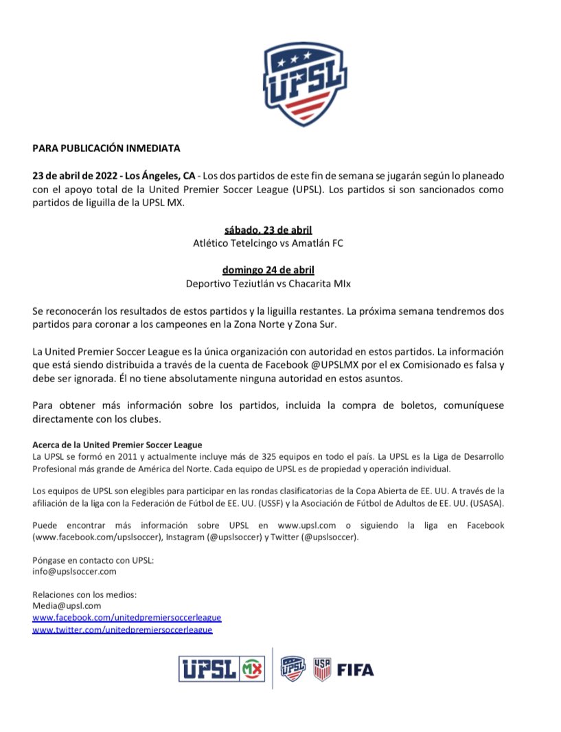 upslmexico's tweet photo. Anuncio Oficial de la United Premier Soccer League https://t.co/JzjlML1i1x