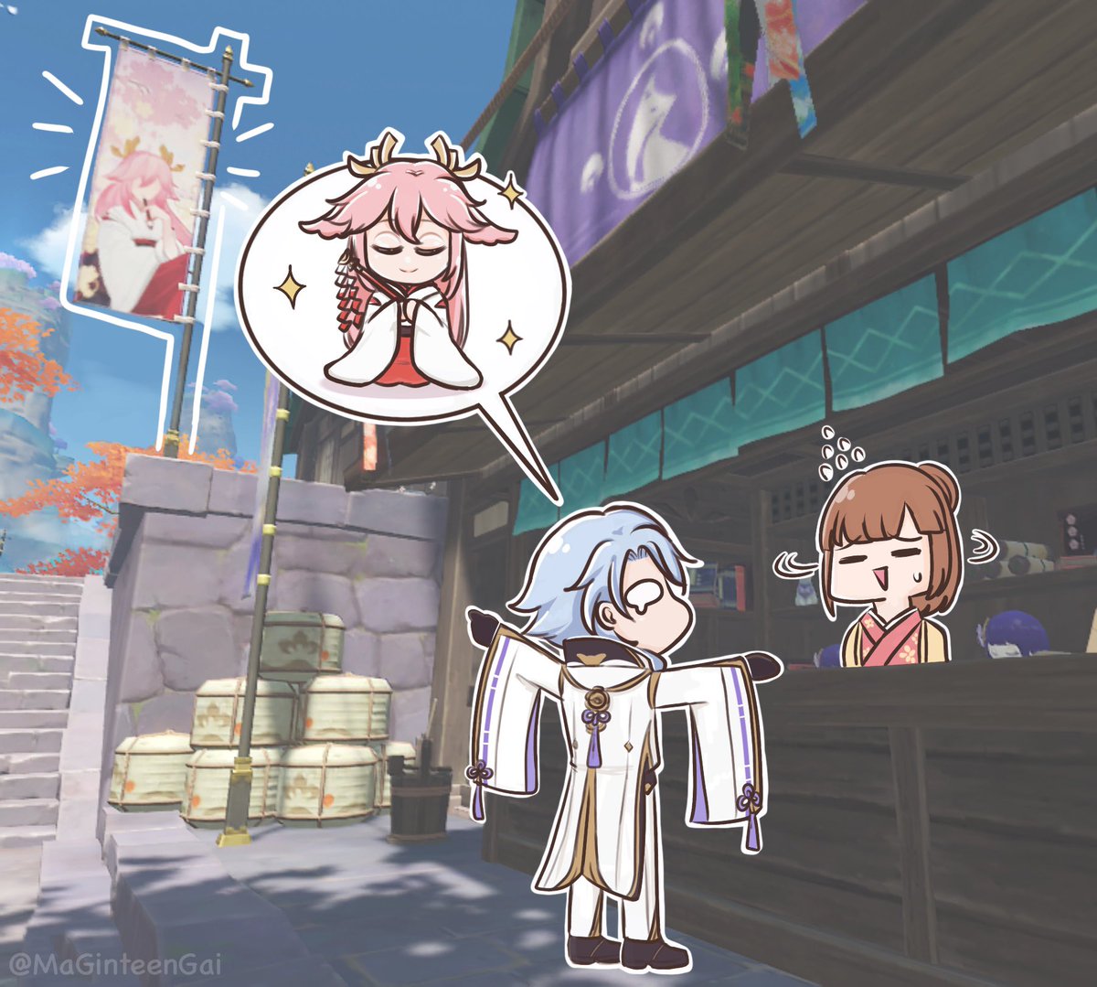 Ayato: ไม่มีรูปปั้นท่านGuujiขายเหรอ? 🥺 #yaeyato #GenshinImpact