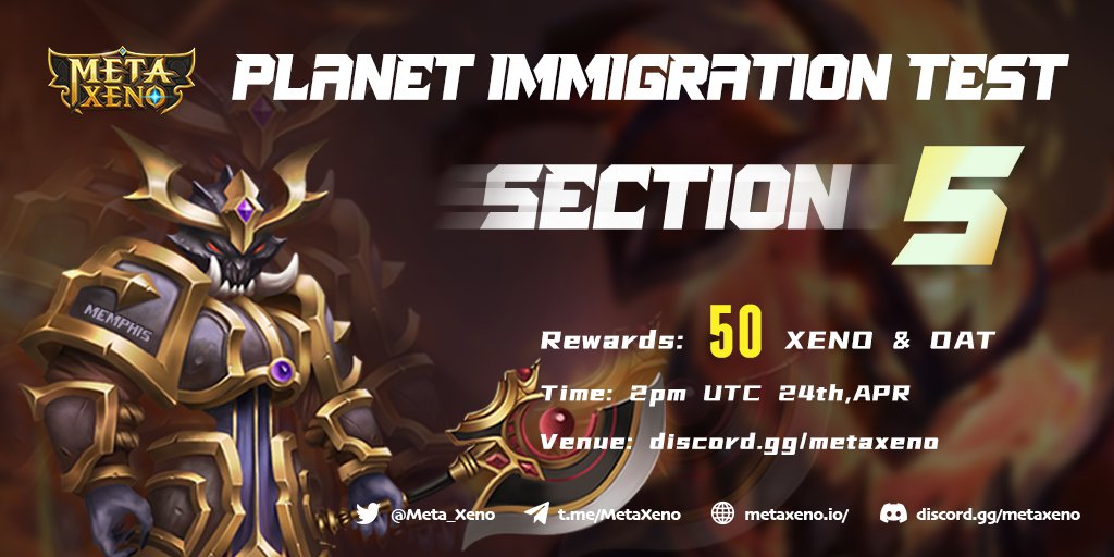 Clash Of NFT | $CON🔥 (@clashofnft) on Twitter photo #METAXENO--IMMIGRATION TEST SECTION 5
at <a href="/ProjectGalaxyHQ/">Now Galxe (Previously Project Galaxy)</a>
⏰Time: 2pm UTC 24th,APR
👾Venue: discord.gg/metaxeno
💸Rewards: 50 #XENO & OAT #NFT
🔴The rules are in the thread⬇️
#Giveway #GameFi #Airdrop #OKC #METAXENO--IMMIGRATION TEST SECTION 5
at <a href="/ProjectGalaxyHQ/">Now Galxe (Previously Project Galaxy)</a>
⏰Time: 2pm UTC 24th,APR
👾Venue: discord.gg/metaxeno
💸Rewards: 50 #XENO & OAT #NFT
🔴The rules are in the thread⬇️
#Giveway #GameFi #Airdrop #OKC