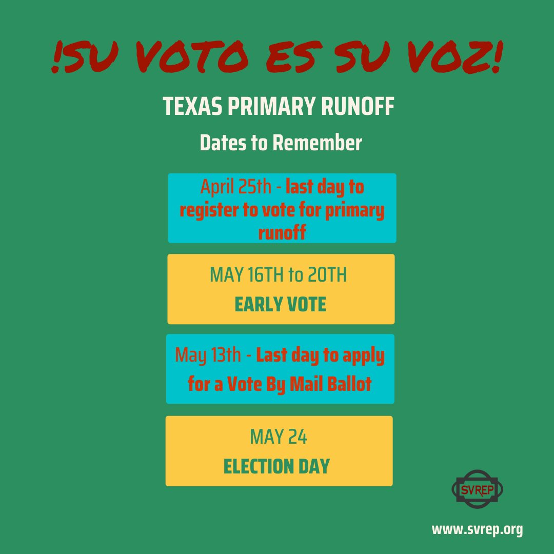 SuVotoEsSuVoz's tweet photo. Texas Latinos Voter Registration deadline is Monday, 4/25 to vote in the primary runoff! #latinovote #vote #texaslatinos #suvotoessuvoz #svrep https://t.co/9KVlB2Orz3