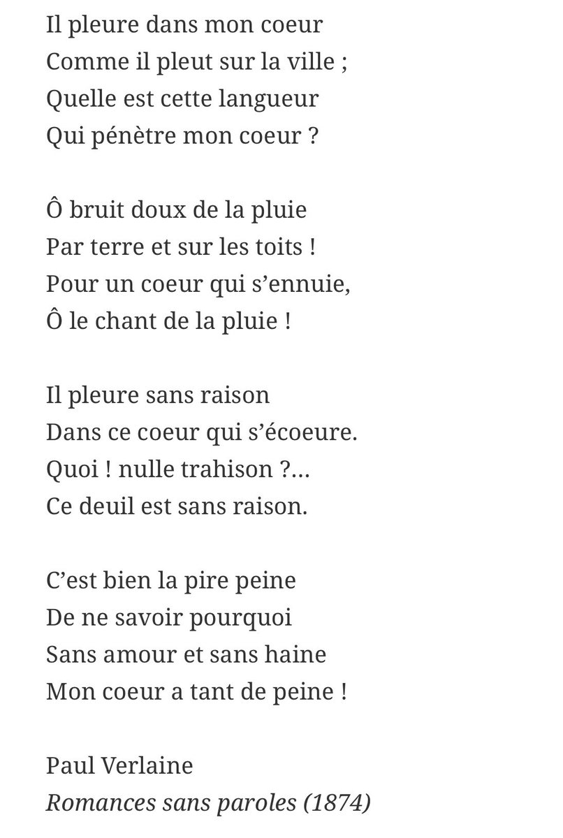 MissPetoncule's tweet photo. Il pleure dans mon coeur
Comme il pleut sur la ville…

#Verlaine #Poesie #Pluie https://t.co/aFp8TIBUdm