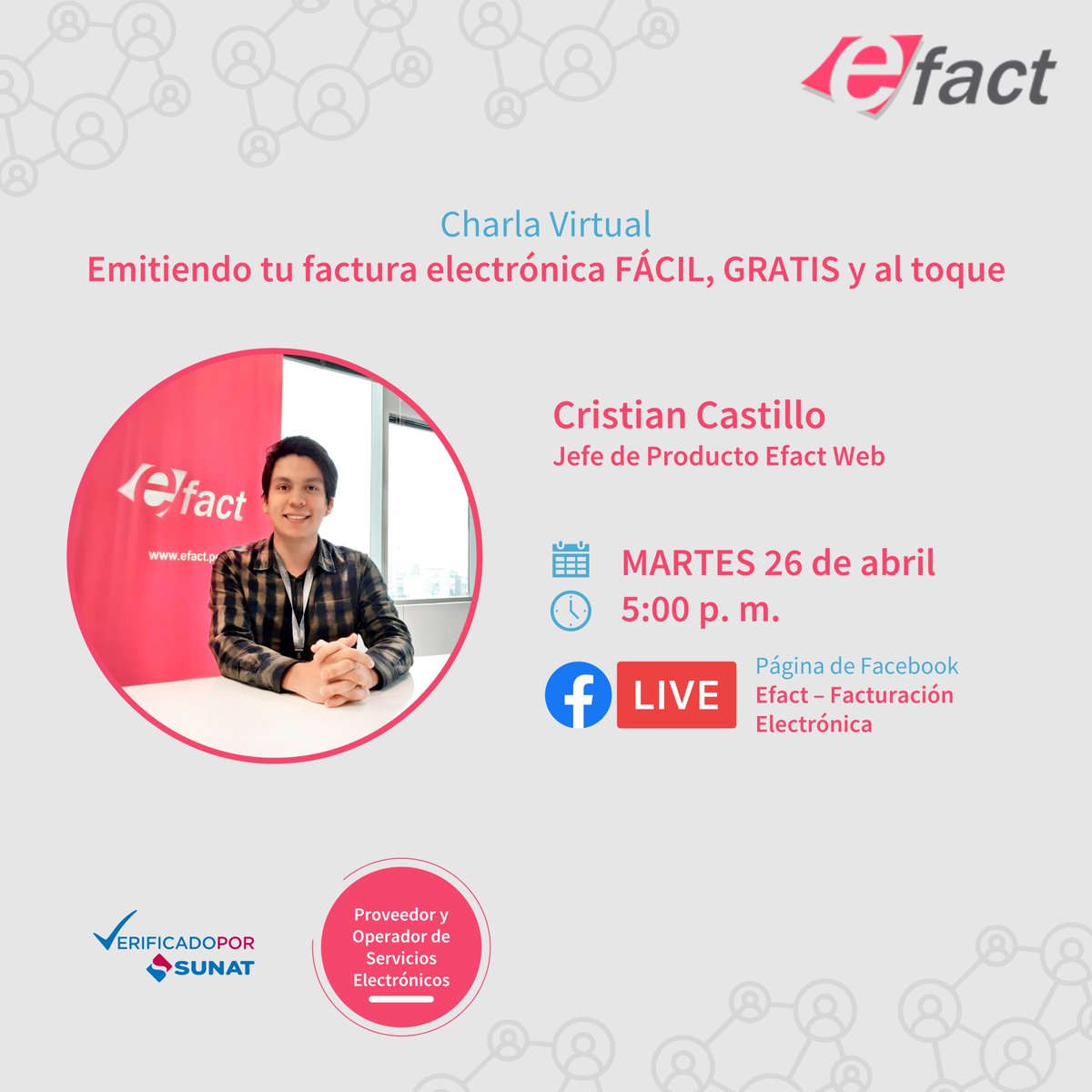 Efact_PE's tweet photo. Recuerda, este 📅MARTES 26, estaremos en vivo por #FacebookLive, absolviendo tus dudas y brindándote las herramientas para una #FacturaciónElectrónica fácil, gratis y al toque ► https://t.co/ahQTlHntJU https://t.co/ztNWVNYSgi