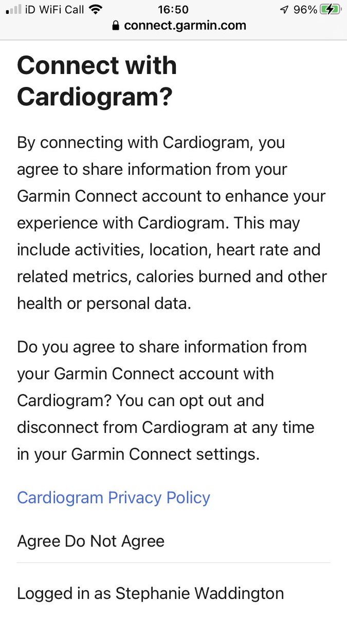 shw777's tweet photo. @AppCardiogram cannot link to my garmin account - get to the agree/do not agree and there’s no button https://t.co/g0TXEB9GUX