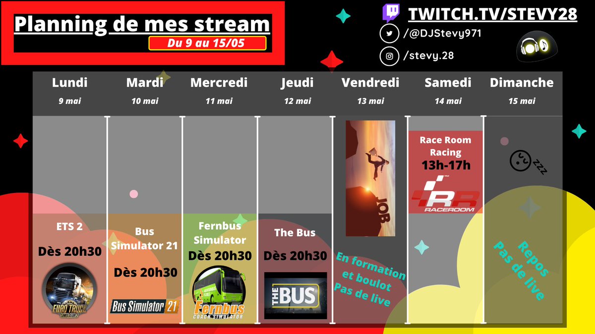 StevyDC's tweet image. Programme spécial 90% Simulations, 10% Courses du 9 au 15/05:

Lundi: #ETS2🚚 #prodriver #TruckersMP #voyage 

Mardi: #BusSimulator21🚐 #SeasideValley 

Mercredi: #FernbusSimulator🚌 #voyage 

Jeudi: #TheBus🚍 #Berlin 

Samedi: #RaceRoom🏁

#twitch #twitchfr #stream #planning