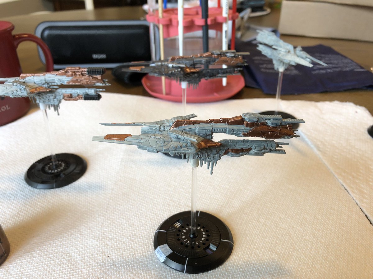 GiledP's tweet image. Did some painting for #DropfleetCommander today. This will be either CHERNIHIV or MYKOLAIV, I haven’t decided yet. The gray-only ship in the background will be the other