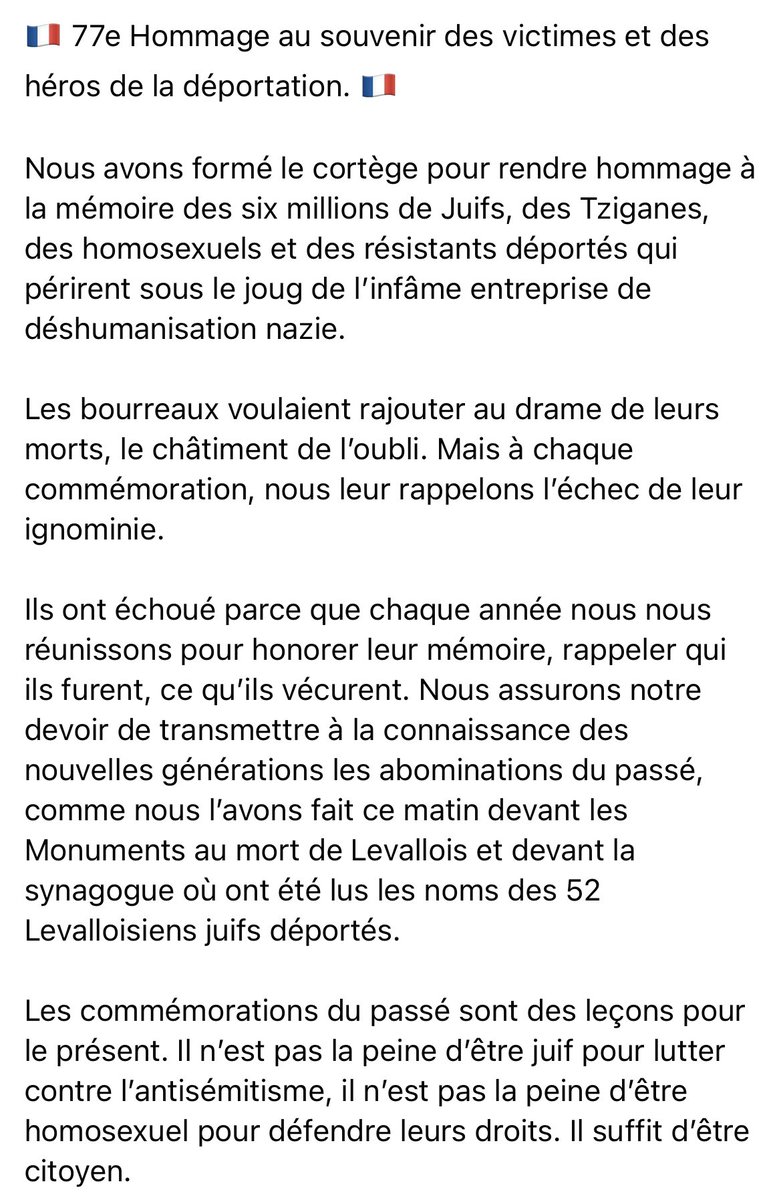 LiesMessatfa's tweet photo. 🇫🇷 77e Hommage au souvenir des victimes et des héros de la déportation. 🇫🇷

Les bourreaux voulaient rajouter au drame de leurs morts, le châtiment de l’oubli. Mais à chaque commémoration, nous leur rappelons l’échec de leur ignominie. #Hommage #Shoah #Resistance #Levallois https://t.co/B1SPlLJv8K