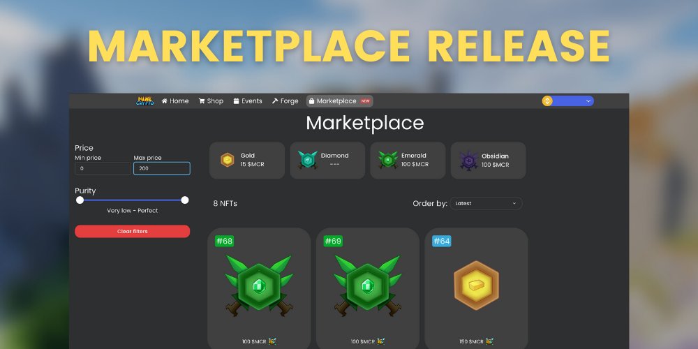 Today we have released on of the most requested features 🔥 THE MARKETPLACE 🔥

This will allow users to trade NFTs using the MCR token, giving it more value and utility! ⚔️

Full blog post:
🇺🇸 medium.com/@MineCrypto/th…
🇪🇸 medium.com/@minecrypto_es…
