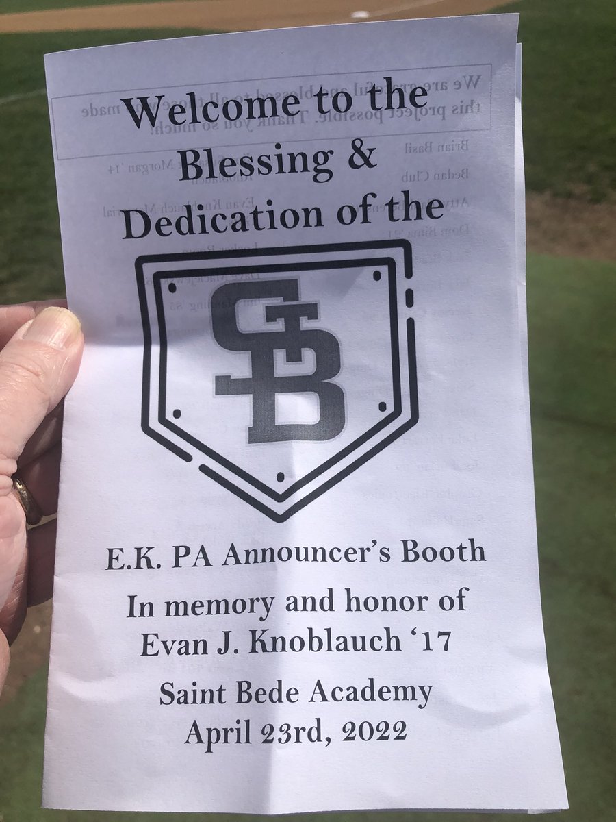 bcrsportsed's tweet photo. It’s a beautiful day for a tribute for a brilliant young man taken much too soon for us. It’s the EK/PA press box dedication at St. Bede in memory for Evan Knoblauch @bbooks26 @stbedeacademy @StBedeAthletics https://t.co/yzadUSh3SD