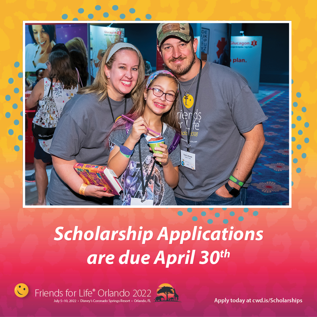 Scholarship applications are due in 1️⃣ WEEK (4/30)! A scholarship covers your room, registration, and up to $500 in transportation to the conference. To learn more and apply, visit: cwd.is/Scholarships. #CWDiabetes #type1diabetes #T1D #FFLOrlando22 #Fiffles