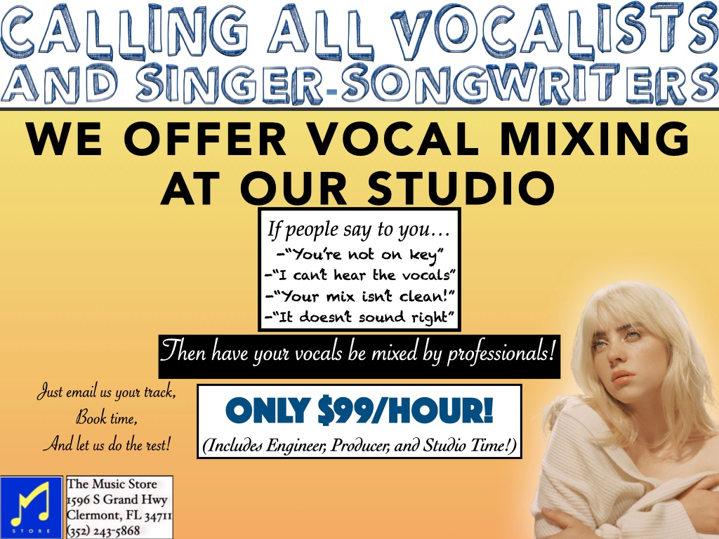ClermontFLMusic's tweet photo. Want your vocals to sound like the pros? Then book time here: https://t.co/jw7F5UhucV or hit us up at 352-243-5868. #VocalRecording #VocalProducing #VocalProduction #RecordingVocals #Singer #SingerSongwriter #RecordSinging #MusicRecording https://t.co/DSEPjS6zB2