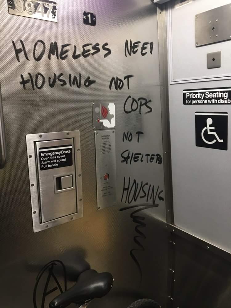 "Homeless need housing not cops, not shelter, Housing!"

Seen in the NYC subway