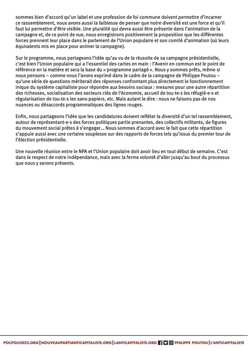 NPA_antica's tweet image. [Élections législatives: communiqué du NPA]

"Une nouvelle réunion entre le NPA et l’Union populaire doit avoir lieu en tout début de semaine. C’est dans le respect de notre indépendance, mais avec la ferme volonté d’aller jusqu’au bout du processus que nous y serons présents."