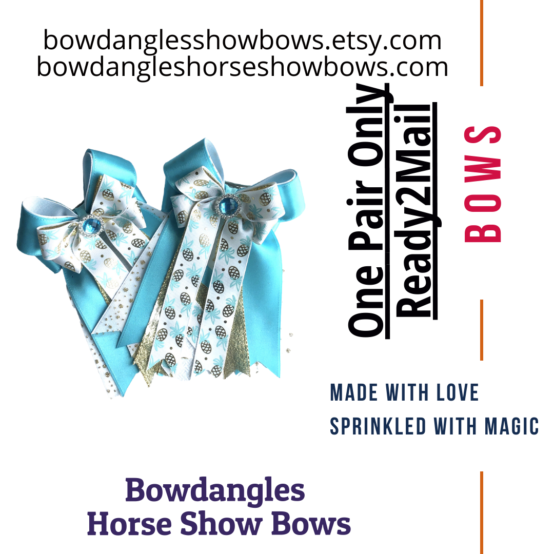 ChiefBowdangler's tweet photo. New design! Turquoise, gold glitter, more gold, and gold pineapples with turquoise leaves! In the Ready2Mail Section on my website bowdangleshorseshowbows dot com and in the Etsy shop bowdanglesshowbows https://t.co/9v5wUZty3W