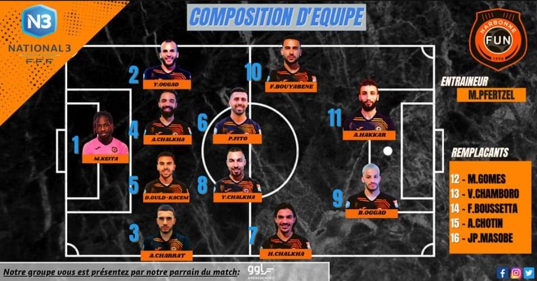 FUNarbonne's tweet photo. La Composition du 11 de départ de @PfertzelMarc pour affronter @nimesolympique 2 😉💪 #FUNNO
#LUnionEstNotreForce 🔶️⚫️💪 #Narbonne #Aude #National3 #Occitanie #football #TeamFUN https://t.co/PiKinolQyu
