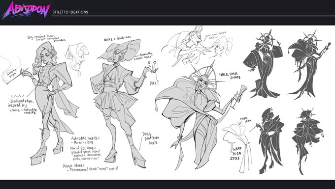 Design pages I did for Stiletto, one of the key characters in our student-run project "Abaddon"! I based his design off of a mix of drag queen culture, balls, and Aphrodite! 