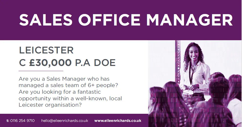 We are looking for an experienced Sales Manager who has history managing a team of 6 or more sales professionals. For more information, contact hello@eileenrichards.co.uk or apply via: buff.ly/3e3ondi
