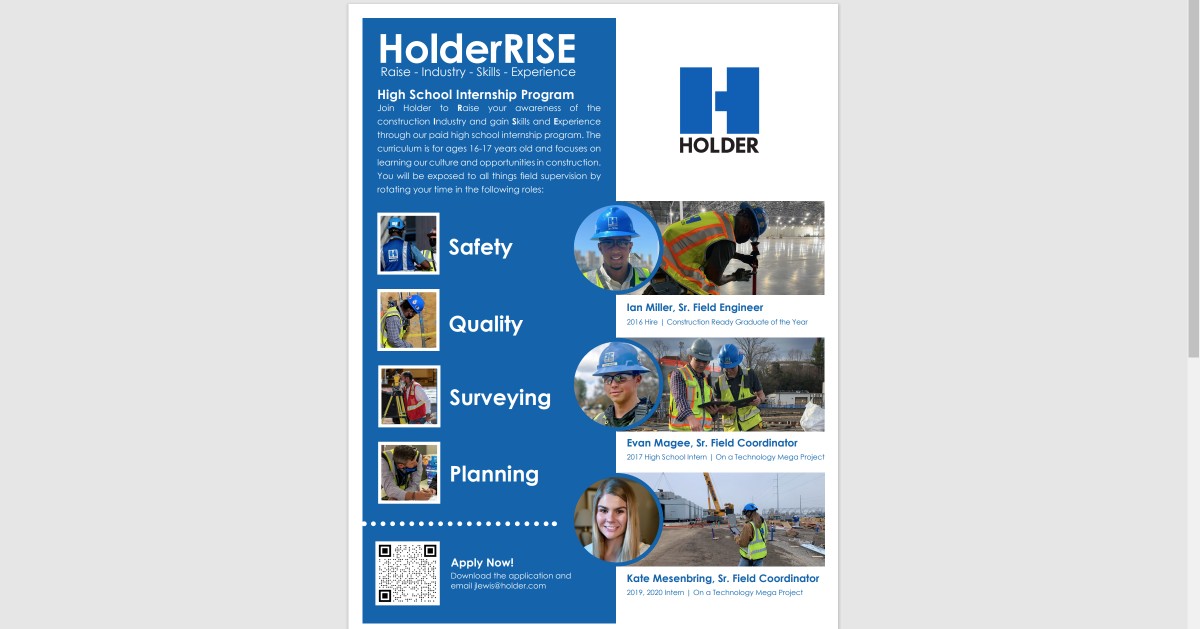 :: SUMMER OPPORTUNITY FOR 16 &amp; 17-YEAR-OLDS ::
Join Holder to Raise your awareness of the construction industry and gain Skills and Experience through a PAID high school internship program. 
holderconstruction.com/holderrise
