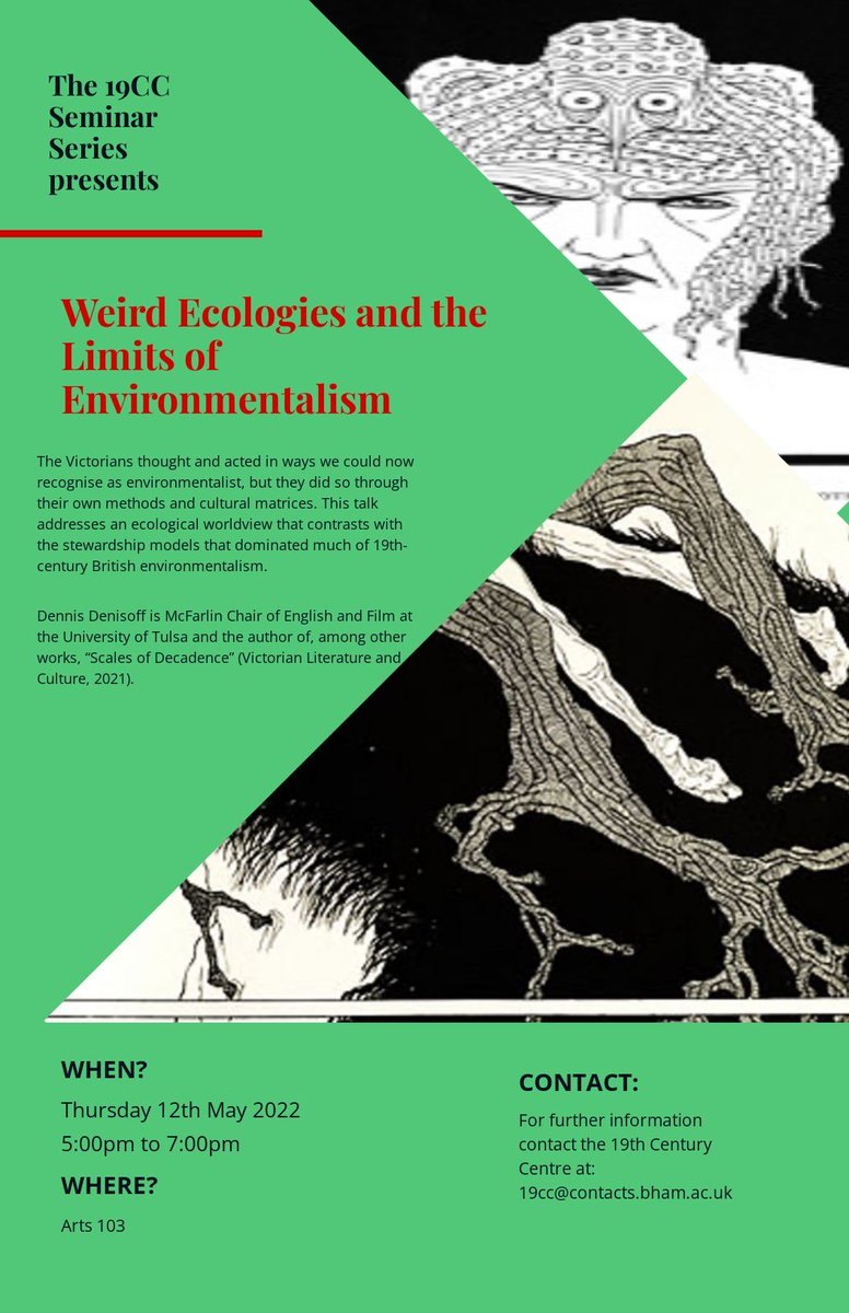 19CC Bham (@19cc_bham) on Twitter photo We are delighted that @dennis_denisoff will be joining us in person on the 12th May for what will no doubt be a fascinating talk on Weird Ecologies and the Limits of Environmentalism. Don't miss out - grab you tickets from the link below!
eventbrite.co.uk/e/317499488517 We are delighted that @dennis_denisoff will be joining us in person on the 12th May for what will no doubt be a fascinating talk on Weird Ecologies and the Limits of Environmentalism. Don't miss out - grab you tickets from the link below!
eventbrite.co.uk/e/317499488517