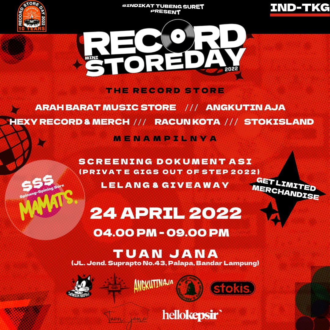Sindikat Tubeng Suret :

"Mini Record Store Day BDL 2022"

Minggu, 24 April 2022
Jam 4 sore s/d 9 malam
di Tuanjana, Bandar Lampung

Note : Acara ini menerapkan protokol kesehatan.

#kepsir
#recordstoreday2022
#recordstoredaylpg
#altmedia