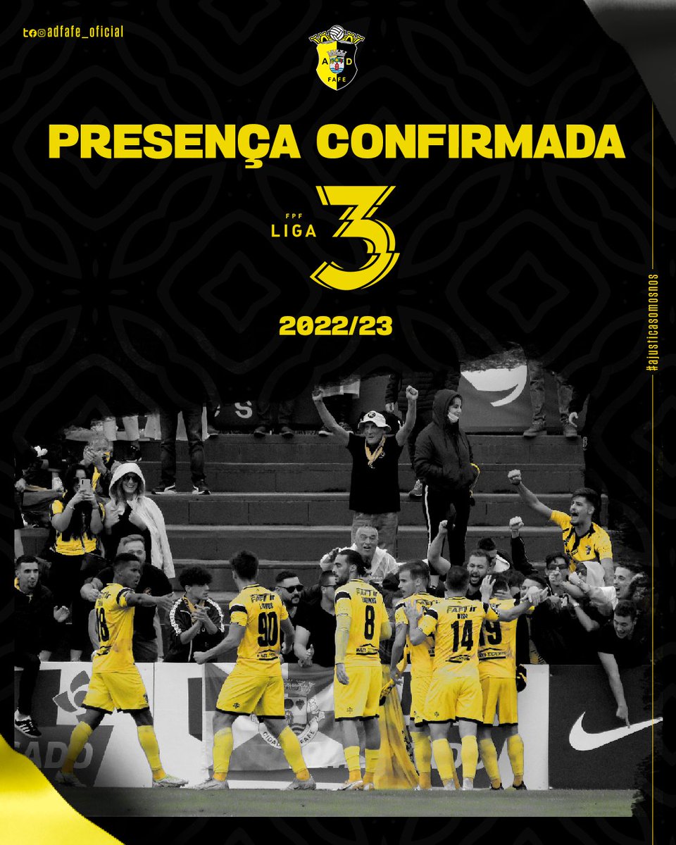 adfafeoficial's tweet photo. 💛 ESTÁ FEITO 🖤

🥳 Com a vitória por 2-0 frente ao CF Canelas (golos de Areias e João Santos), justiceiros regressam às vitórias e asseguram a permanência na Liga 3!

🤗 Juntos até ao final, festejamos agora em união. A Justiça somos nós!
#adfafe #ajustiçasomosnós #PuroFutebol https://t.co/qUKloZ8Gby