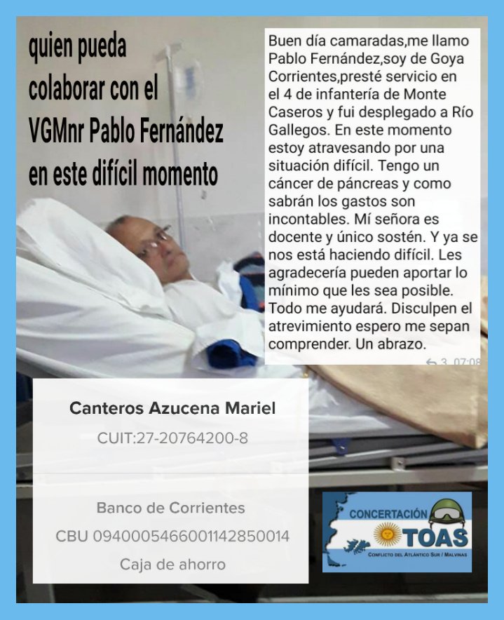 ConcertaTOAS's tweet photo. Quien pueda colaborar con el VGMnr Pablo Fernández #RI4 en este difícil momento ,en la foto esta el CBU de su esposa , desde ya gracias a todos los que colaboren https://t.co/Dhj6rn2HCh