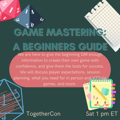 HalleyPalmer11's tweet photo. For TTG's first tweet I invite you to attend TogetherCon, a completely virtual gaming convention running all weekend and organized by @RealWomenGaming 
I'll be in a panel at 1:00pm EDT about being a Game Master!
https://t.co/jgbnBxNvWV https://t.co/PG4raM2BAO