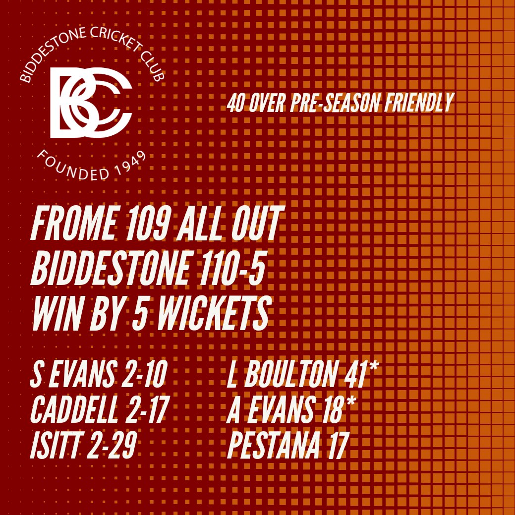 BiddestoneCC's tweet photo. 🏏 A good first innings bowling display gives us a winning start away to @fromecricket this afternoon https://t.co/mKEWYyAEL9