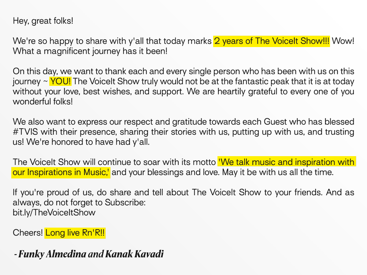 Hey, great folks!

We're so happy to share with y'all that today marks 2 years of The VoiceIt Show!!! Wow! What a magnificent journey has it been!

On this day, we want to thank each and every single person who has been with us on this journey ~ YOU!...

<a href="/AlmedinaFunky/">Almedina Korjenić</a> @kanakkvdi