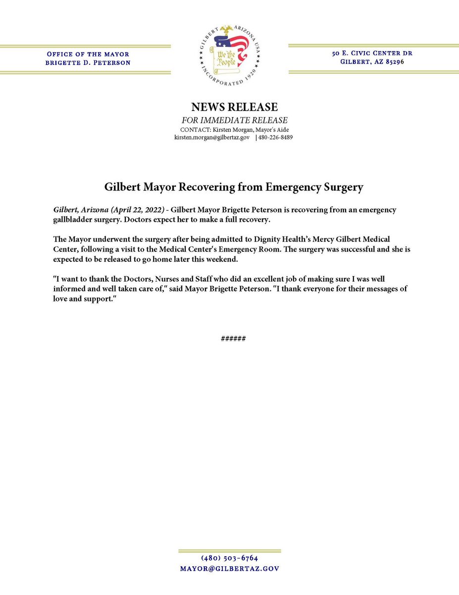 GilbertAZMayor's tweet photo. Yesterday I underwent emergency gallbladder surgery. It was successful and thanks to the Drs, nurses &amp; staff @DignityHealthAZ Mercy Gilbert Hospital, I’m on the road to recovery. https://t.co/0LQhg2iO7i