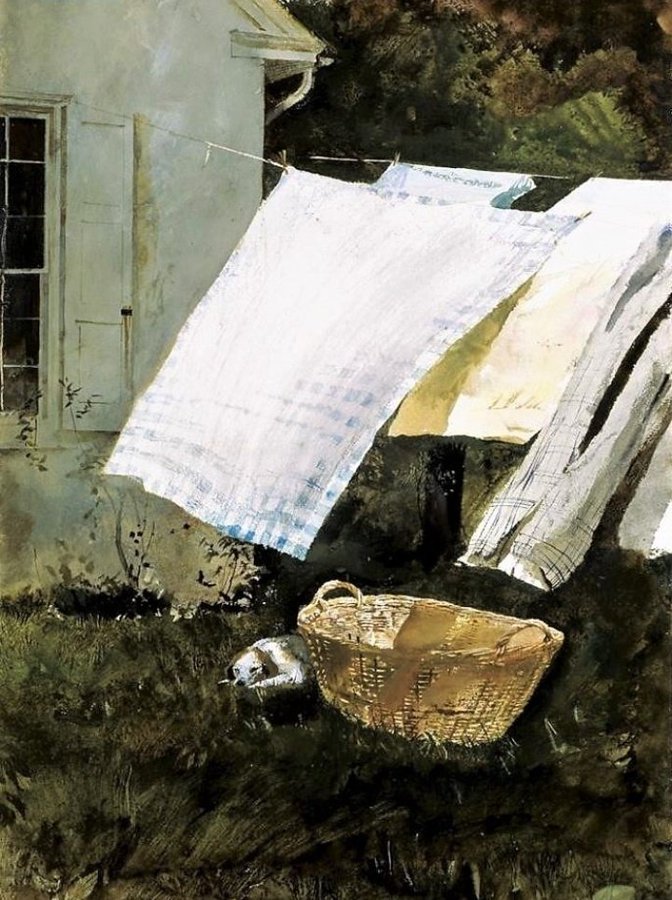 marcelcel3's tweet photo. En 'Light Wash' (1961), la escena se desarrolla en Chadds Ford, Pensilvania, y muestra la parte trasera de una casa, con un tendedero colgando ropa para que se seque. Un pequeño perro es visible detrás de un cesto de ropa de paja. #Art #MusemWeek https://t.co/FkcR2XItQ4