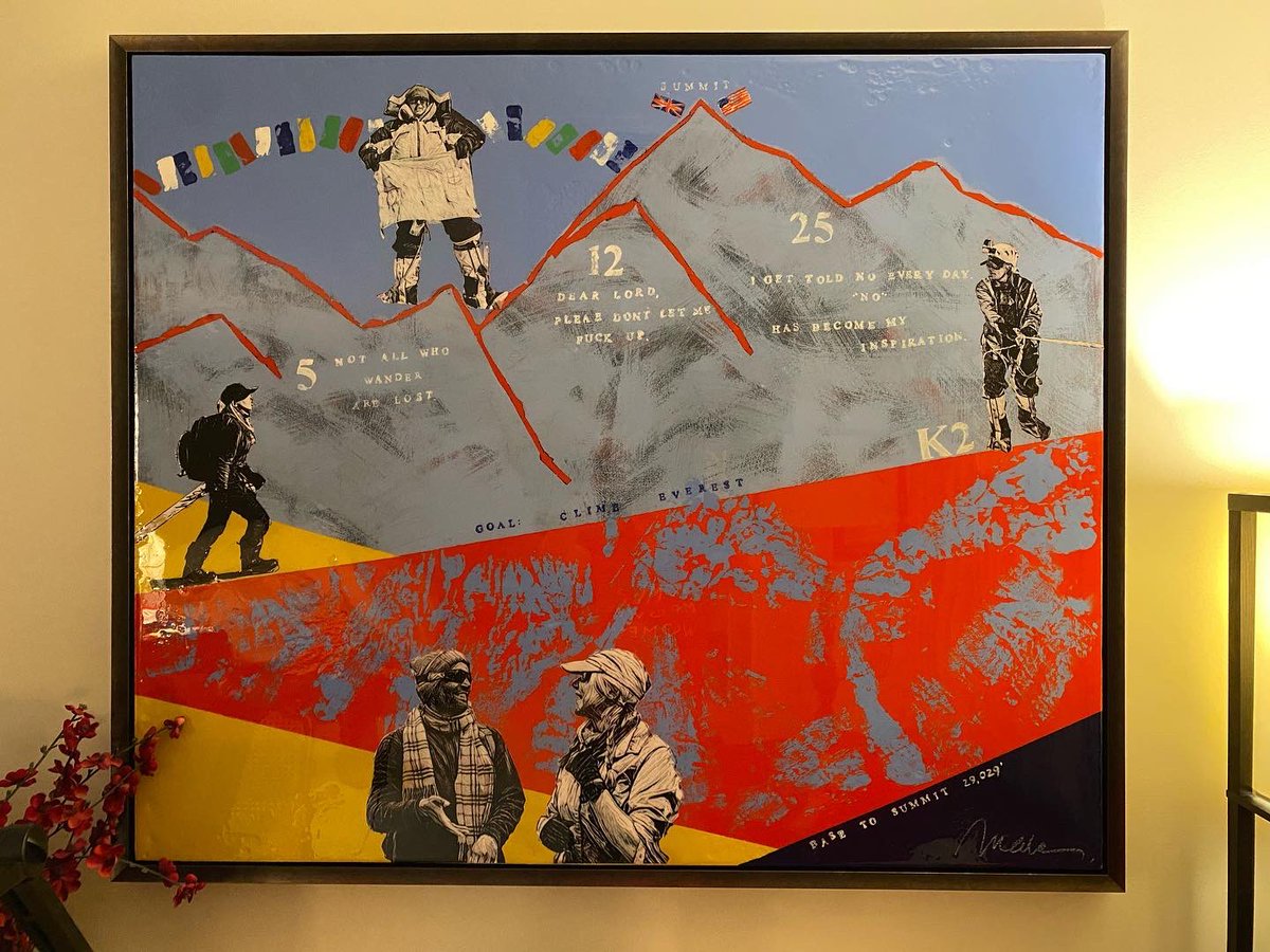 vobonline's tweet photo. I am in #awe of this #painting by @real_lynnmara - complex w #prayerflags #thegreatestheights #chaper titles #silkscreen &amp; #angles depicting the #journey + #color #patterns illustrating #rock &amp; #ice 
#grateful - Her #art is incredible and #affordable https://t.co/jwP4YQ4FoS 🙏👍 https://t.co/dODqLrG7mJ