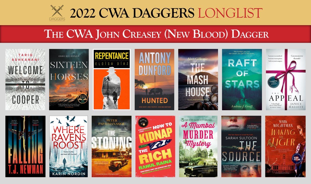 The_CWA's tweet photo. 🗡 THE CWA JOHN CREASEY (NEW BLOOD) DAGGER (2/2)
#CWADaggers

Karin Nordin: Where Ravens Roost
Peter Papathanasiou: The Stoning
Rahul Raina: How to Kidnap the Rich
Meeti Shroff-Shah: The Death of Kirti Kadakia
Sarah Sultoon: The Source
Mark Wightman: Waking the Tiger https://t.co/cPFpvjYdFe