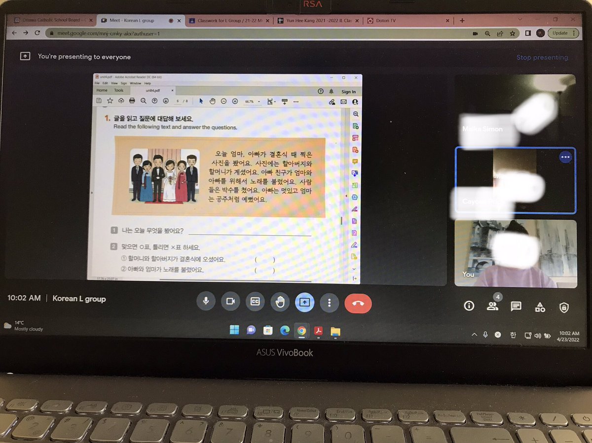 2_korean's tweet photo. 2021-2022 Korean Class

9:00-10:40 Low group (We sang the birthday song)
10:40-10:55 Break time
10:55-12:30 High group (Korean houses: Past and Present)
@MarianneKayed @OCSBContEd 
#OCSBILP #Korean #PrayForUkraine  #PleaseStopTheWar https://t.co/70WYi5sw8O