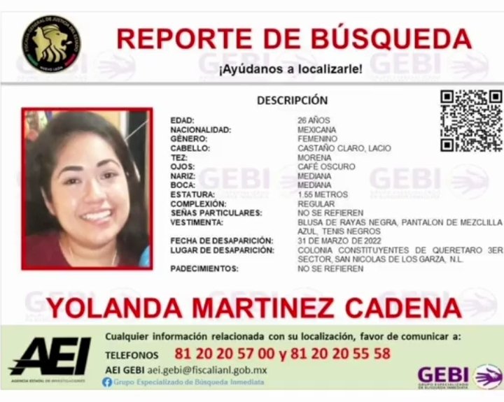 PerMexicum's tweet photo. ***RT, RT, RT***
DESAPARECIDA
Yolanda Martínez Cadena
26 años extraviada en Col. Constituyentes de QRO., III Sección, Sn Nicolás de la Garza, Nuevo León
El 31 de Marzo 2022
Gerardo Martínez, su padre la busca
Llamar al 812020 5700
https://t.co/Unw1dbVnb2
https://t.co/nTRnACOtN2