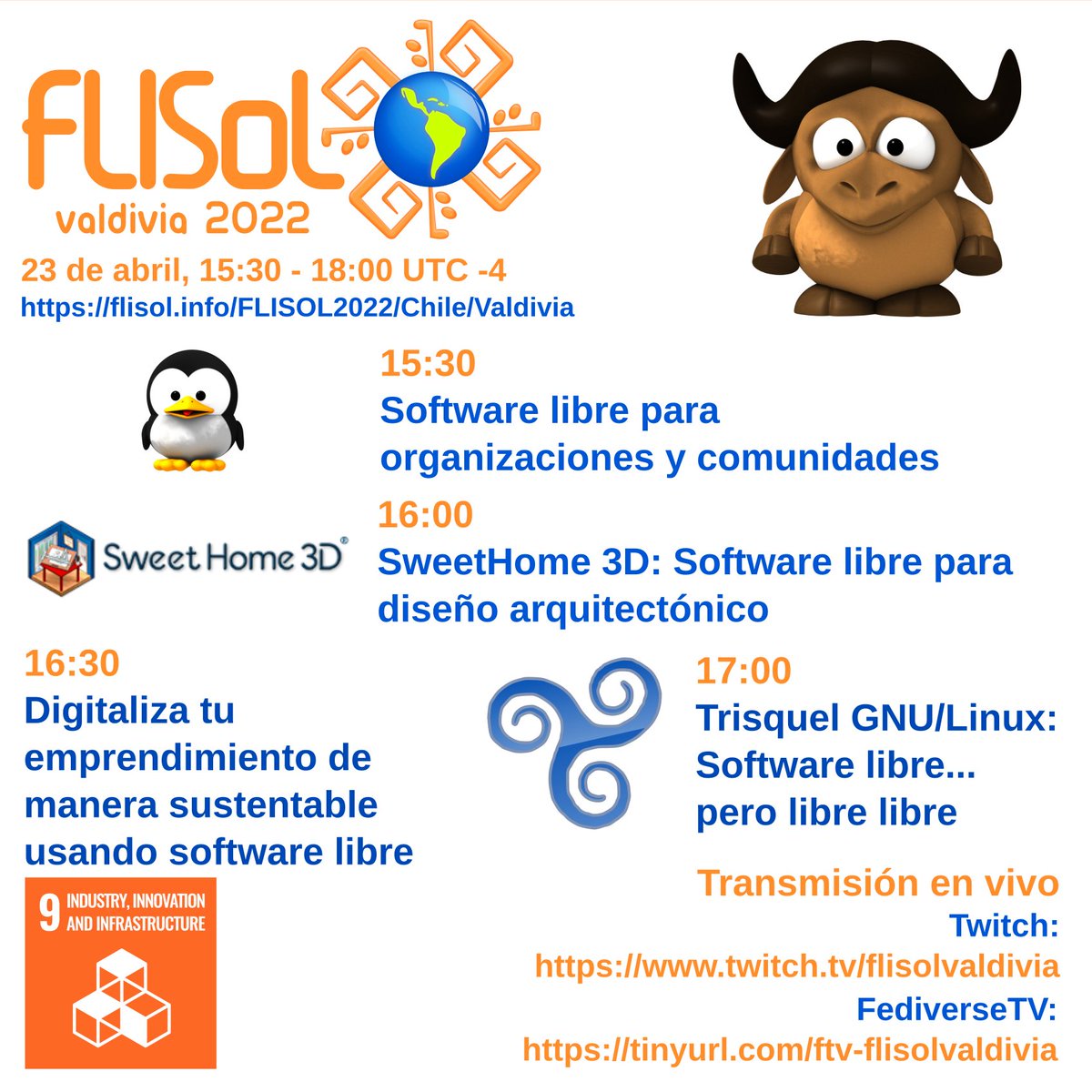 flisolvaldivia's tweet photo. #Valdiviacl #FLISoL2022
15:30
Software libre para organizaciones y comunidades
16:00
SweetHome3D: Software libre para diseño arquitectónico
16:30
Digitaliza tu emprendimiento de manera sustentable usando software libre
17:00
Trisquel GNU/Linux: Software Libre...pero libre libre https://t.co/o8CyGY7UKo