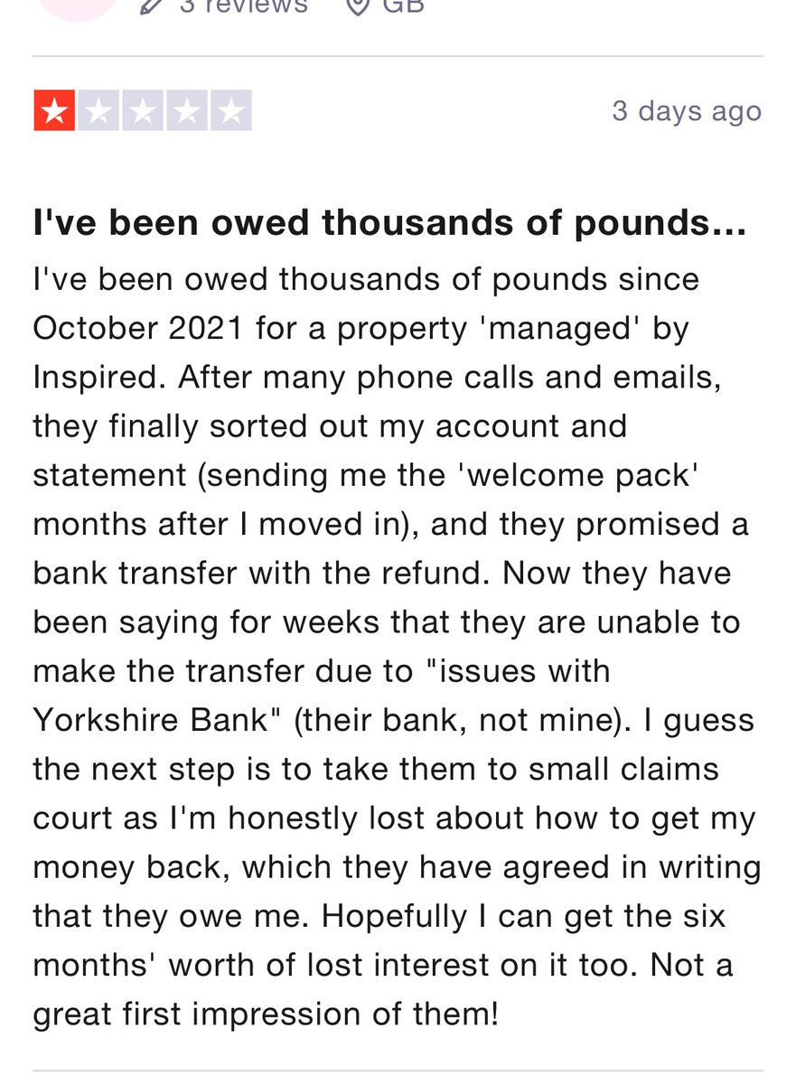 I've been owed thousands of pounds since…..

uk.trustpilot.com/reviews/625ff2… 

#inspiredpropertymanagement
#leaseholderScam
#Dishonest
#Fraud
<a href="/michaelgove/">Michael Gove</a>
<a href="/BorisJohnson/">Boris Johnson</a>
<a href="/guardian/">The Guardian</a>
<a href="/DonnyFreePress/">Doncaster Free Press</a>