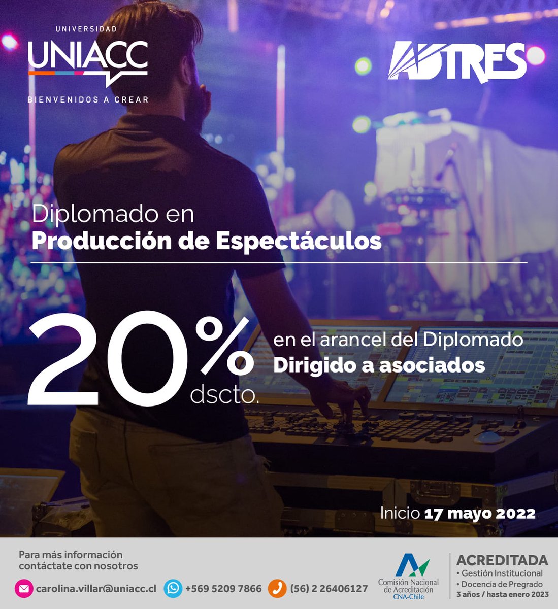 Atención colegas!
Presentando tu certificado de afiliación a ADTRES, puedes acceder a este descuento en UNIACC.

Solicita tu certificado de afiliación enviando un mail a contacto@adtres.cl