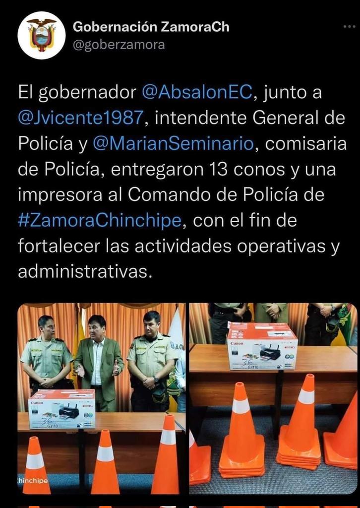 patynunezCh's tweet photo. ¿Cómo se combate la inseguridad en Ecuador?
@MashiRafael
- 455 UPC en circuitos y subcircuitos
- Instalación de 13 UVC
- Inversión SIS, 370 millones
- Incorporación 20.000 efectivos policiales 
- armas, vehículos, motocicletas, etc.
@LassoGuillermo: 
- 13 conos y una impresora👇 https://t.co/cYxbLciJXj